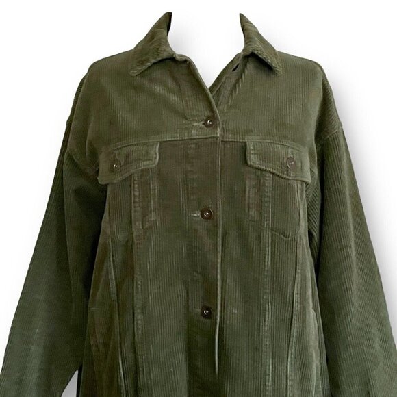 Zara Womens Shacket Sz S Olive Green Corduroy Shirt Jacket Raw Hem Oversized - Picture 4 of 8